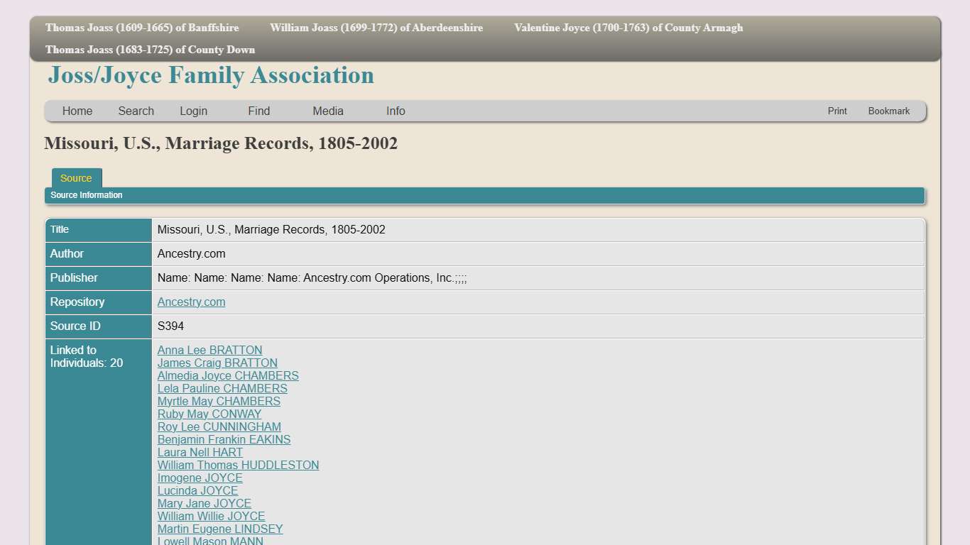 Missouri, U.S., Marriage Records, 1805-2002: Joss/Joyce Family Association